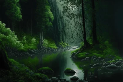 Nature's Serenity: Dark Green Forest Embraces a Tranquil River