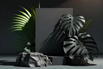 Sculptural Majesty: Black Rock Podium Display Amidst Majestic Palm Leaves AI Image