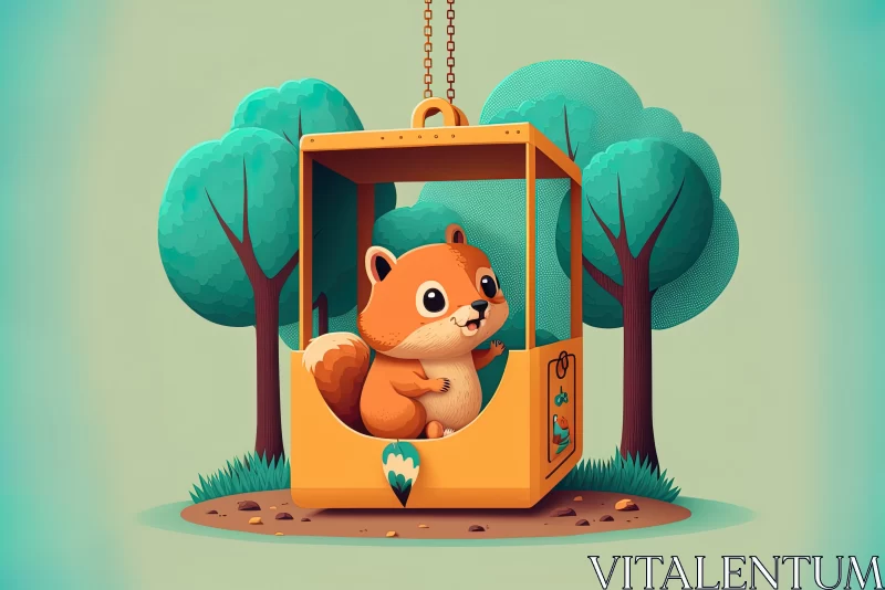 Playful Swing: Cute Cartoon-like Squirrel Swinging in a Feeding Box AI Image