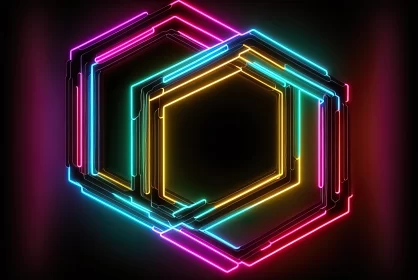 Luminous Elegance: Glowing Neon Hexagons on a Black Background (3D Rendering)