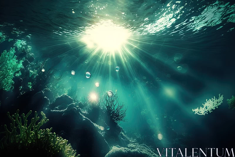 Submerged Serenity: Underwater Backgrounds with Sun Beam and Water Ripple AI Image