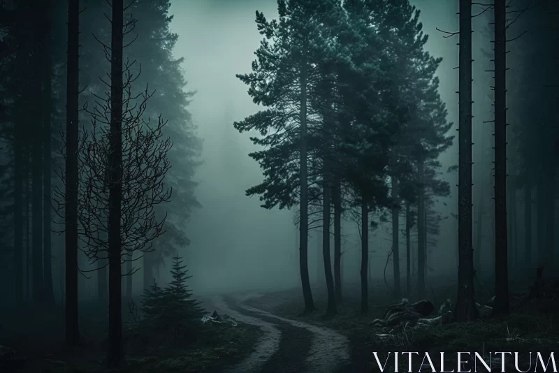 Veiled Enigma: Mysterious Gloomy Forest in the Fog AI Image
