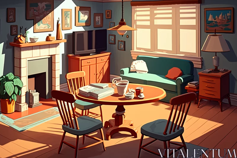 AI ART Cozy Cartoon Living: Sunny Retreat with Table, Chairs, and Dining Supplies