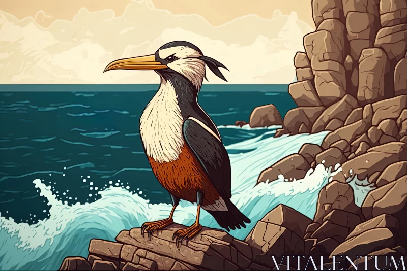Sentinels of the Sea: Majestic Cartoon Sea Bird Guarding the Rocky Shore AI Image