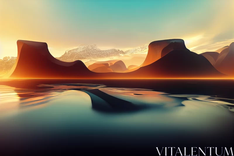 Zen Futurism: Spiritual Landscape with Cliffs and Water in Sunrise or Sunset Light AI Image