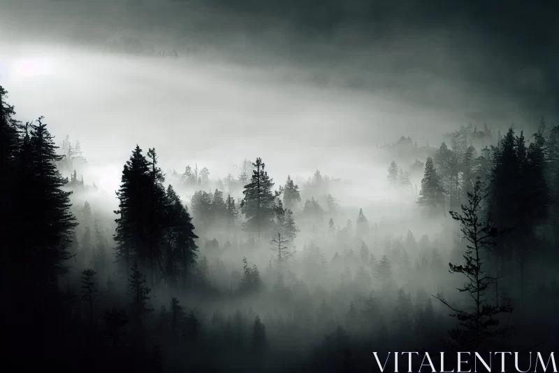 Enigmatic Whispers: Dark Dreamy Forest Shrouded in Mystical Fog AI Image