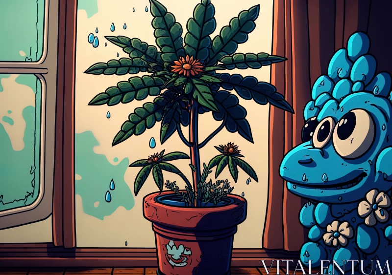 Mystical Harmony: Cartoon Dragon Cultivating Indoor Cannabis on Wooden Windowsill AI Image