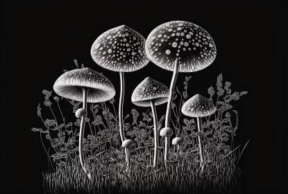 Ethereal Fungal Delights: Intricate Filigree Mushrooms Captured in Monochrome Majesty AI Image