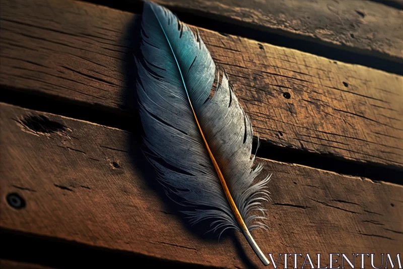 Nature's Ornament: Intricate Bird's Feather Rests on Rusty Wooden Surface AI Image