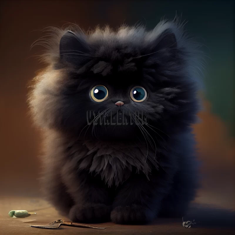 AI ART A cute little black fluffy kitten, with cute yellow shiny eyes, looking like a plush toy, poses at a