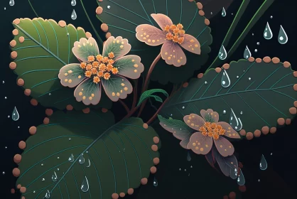 Dewy Elegance: Tender Delicate Flowers with Dew-Covered Leaves
