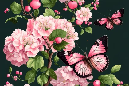 Delicate Blooms: Apple Tree Flowers, Butterflies, and Paint Splashes in Airy Spring Pattern