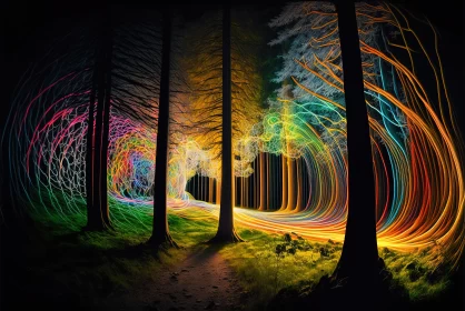 Ethereal Illusions: Colorful Light Paintings Transcending Reality in the Enchanted Forest AI Image