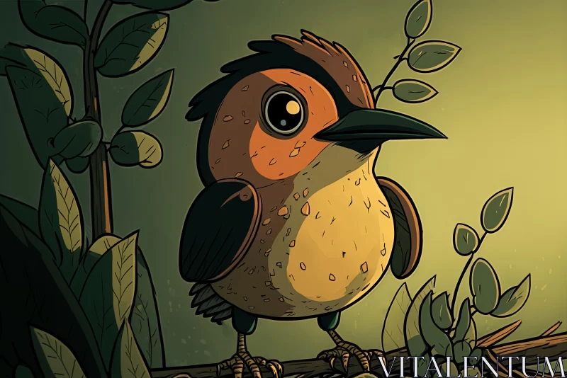 Whimsical Avian Companion: Playful Cartoon-Like Bird Perched on a Plant AI Image