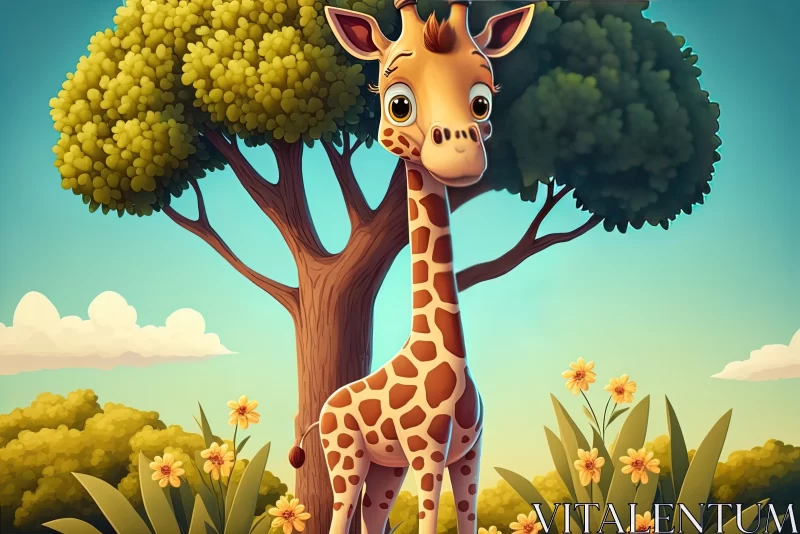 Serenity of the Savannah: Cute Cartoon Giraffe Amidst Towering Trees AI Image