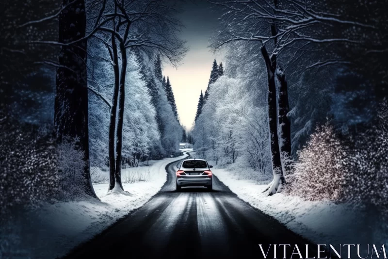 AI ART Winter Journey: Dark Winter Forest Travel with Car Driving on the Highway