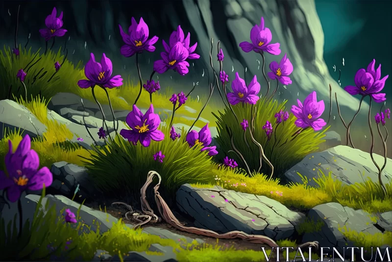 Exotic Charm: Purple Flowers Blooming on a Moss-Covered Field AI Image