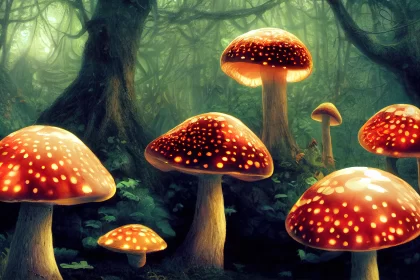 Enchanted Glow: Glowing Mushrooms in a Fairy Forest AI Image