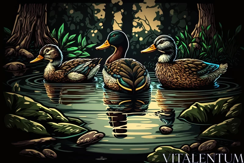 Mysterious Serenity: Gloomy Ducks Floating on the Still Waters of a Pond AI Image