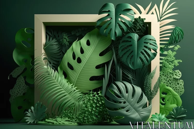 AI ART Tropical Serenity: Frame with Green Natural Concept of Leaves and Flowers