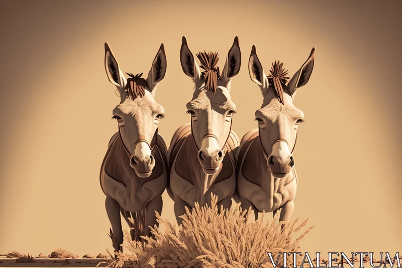 AI ART Donkey Company: Two White and Two Brown Grazing on Dried Grass