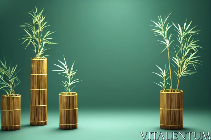 Bamboo Sticks with Leaves in Vases and Wood Decoration on Green Background AI Image