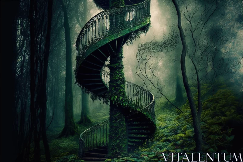 Mystical Ascension: Enchanted Stairway to Nowhere Ascends to the Top of the Forest AI Image