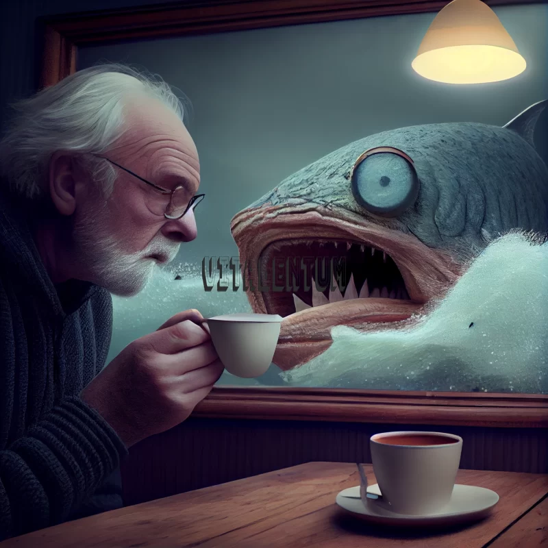 An Old Man Drinking Coffee Next to the Realistic Painting of a Fish AI Image