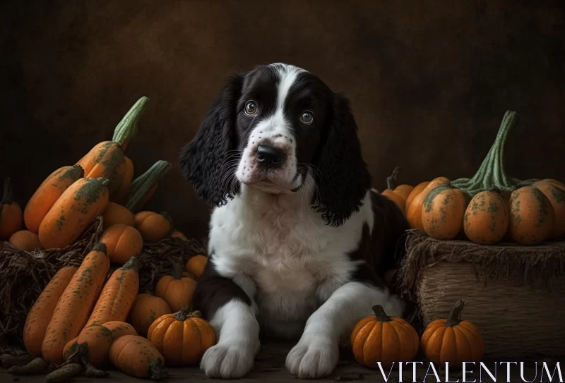 Harbinger of Autumn: Springer Spaniel Puppy Sitting by a Pile of Pumpkins AI Image