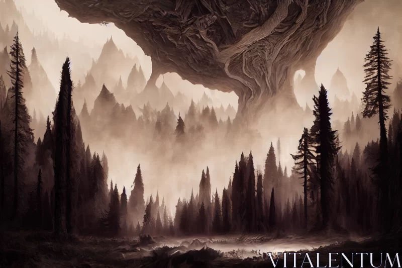 Enigmatic Realm: Fantasy Landscape Unfolds within the Depths of a Dark Forest AI Image