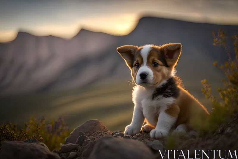 Puppy's Mountain Adventure: An Adorable Companion in Majestic Landscapes AI Image