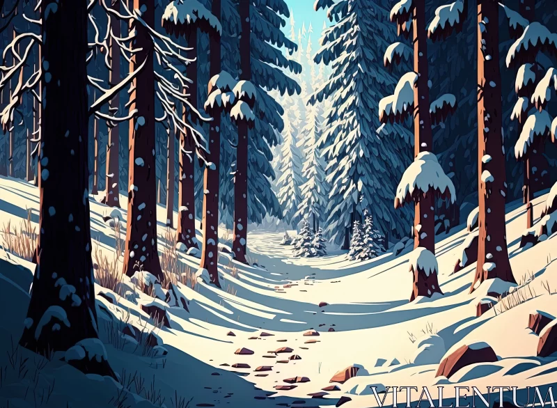 Winter's Serenity: Digital Illustration of a Snow-Covered Forest AI Image