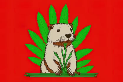 Cartoon Beaver York: Adorable Character on a Red Background with Silhouette of Weed Plant AI Image
