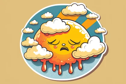 Whimsical Embrace: Cartoon Sticker of Sad Crying Sun Hugged by Clouds