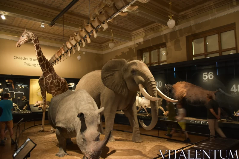 Sculpted Safari: Rhinoceros, Elephant, and Giraffe in Prague's Museum Free Stock Photo