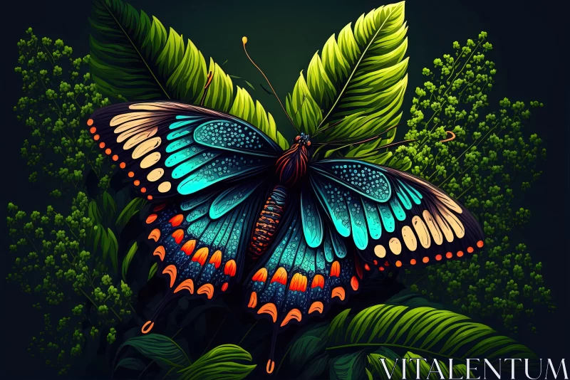 Vibrant Wonder: Neon Blue Butterfly Alights on a Lush Green Plant AI Image