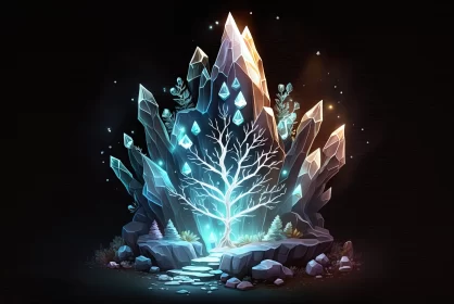 Enchanting Splendor: Glowing Crystal Christmas Tree in a Dark Cave