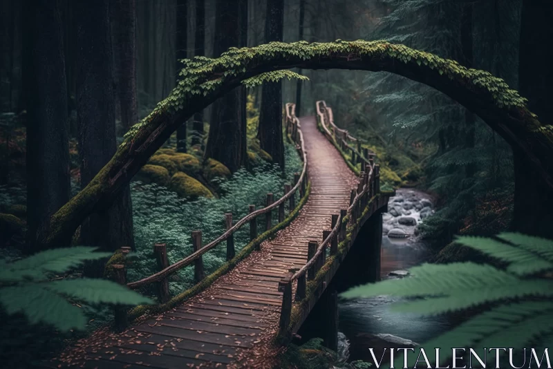 Enchanting Passage: Narrow Wooden Bridge Inside a Gloomy yet Vibrant Forest AI Image