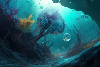 Submerged Serenity: Abstract Bluish Art Inspired by Underwater Flora