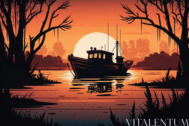 Fishing Boat Sails Amidst a Breathtaking Sunset on the River AI Image