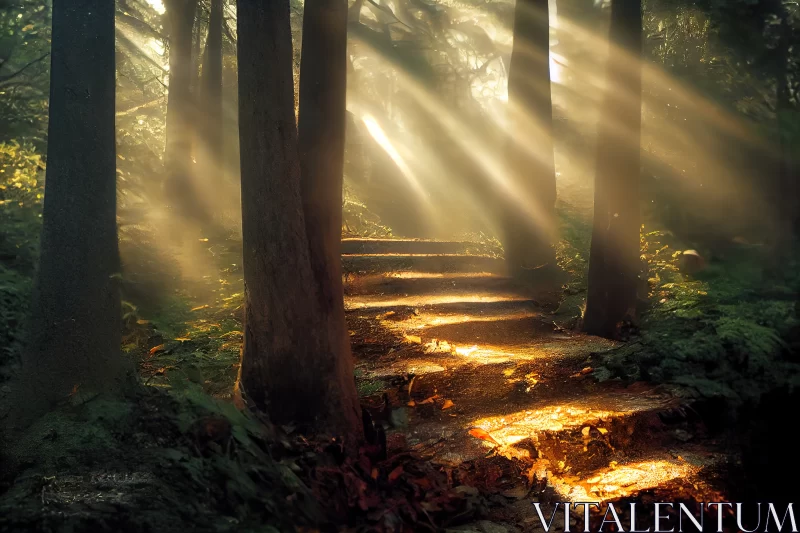 Glimmering Path: Sunlit Staircase in Enchanting Forest AI Image