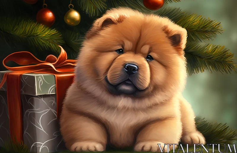 AI ART Christmas Delight: Chow Chow Puppy Sitting under Christmas Tree as a Present