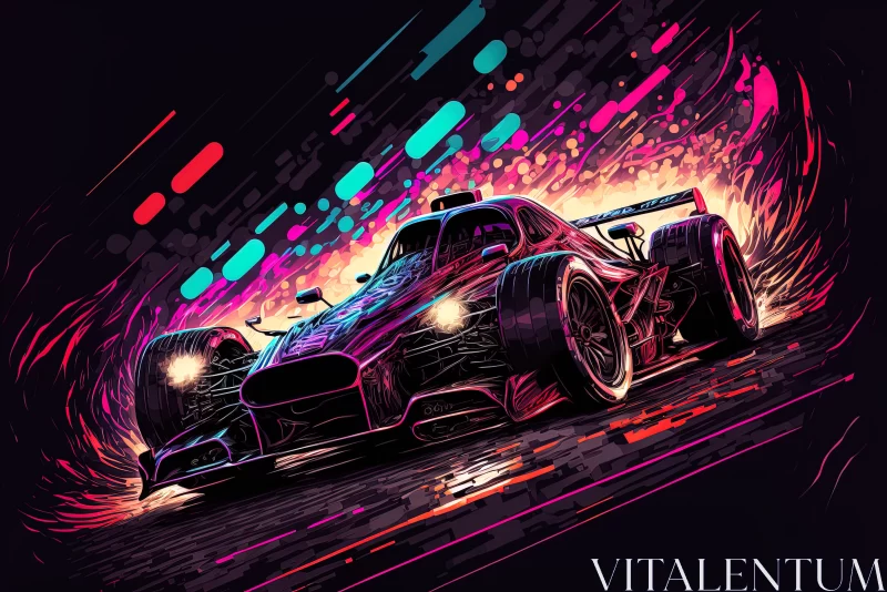 Race into Neon Nights: Vector Artwork of Racing Car against Flashing Vibrant Lights AI Image