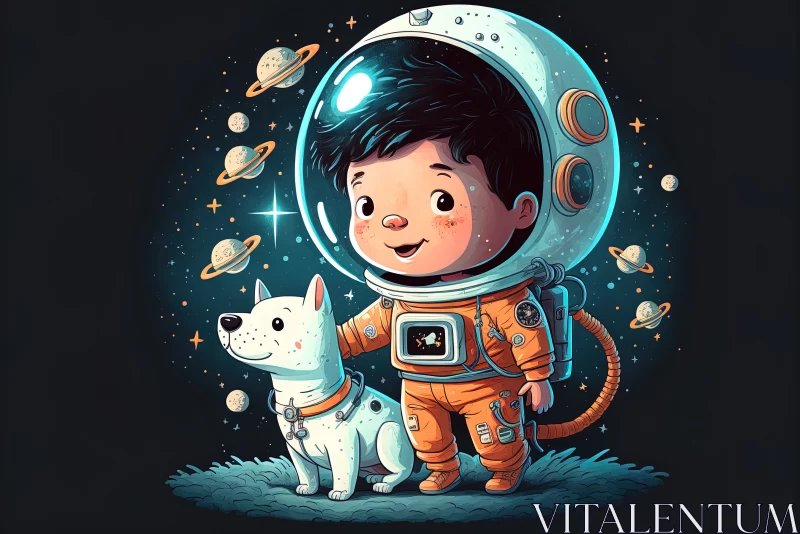 Out-of-This-World Adventure: Cartoon-like Child Astronaut and Dog Explore Outer Space AI Image