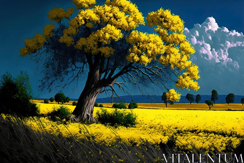 Nature's Harmony: A Field of Yellow Blossoms Framed by a Lone Tree AI Image