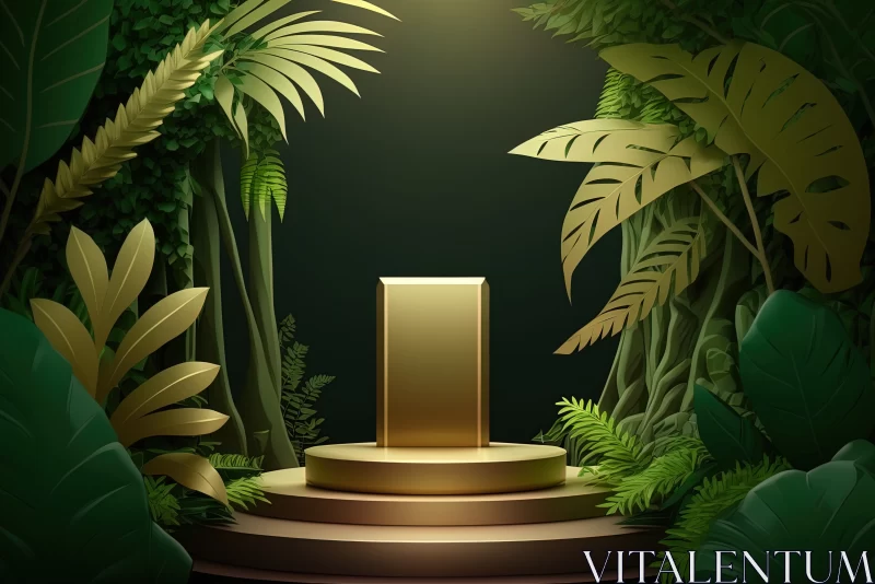 Gold Podium for Product Presentation Surrounded by Lush Forest Greenery AI Image