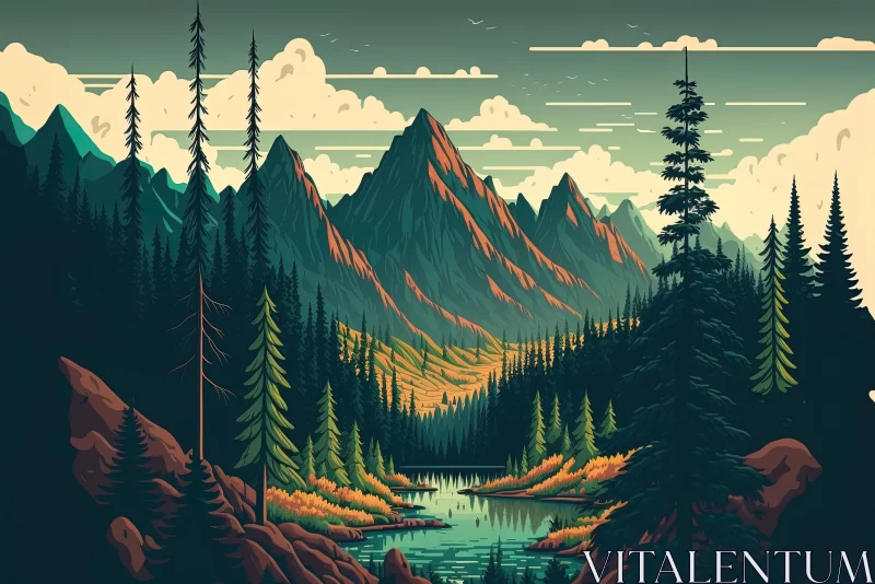 Mountainous Scenery, Valley, and Spruce Forest, a Metaphor for Outdoor Adventure AI Image