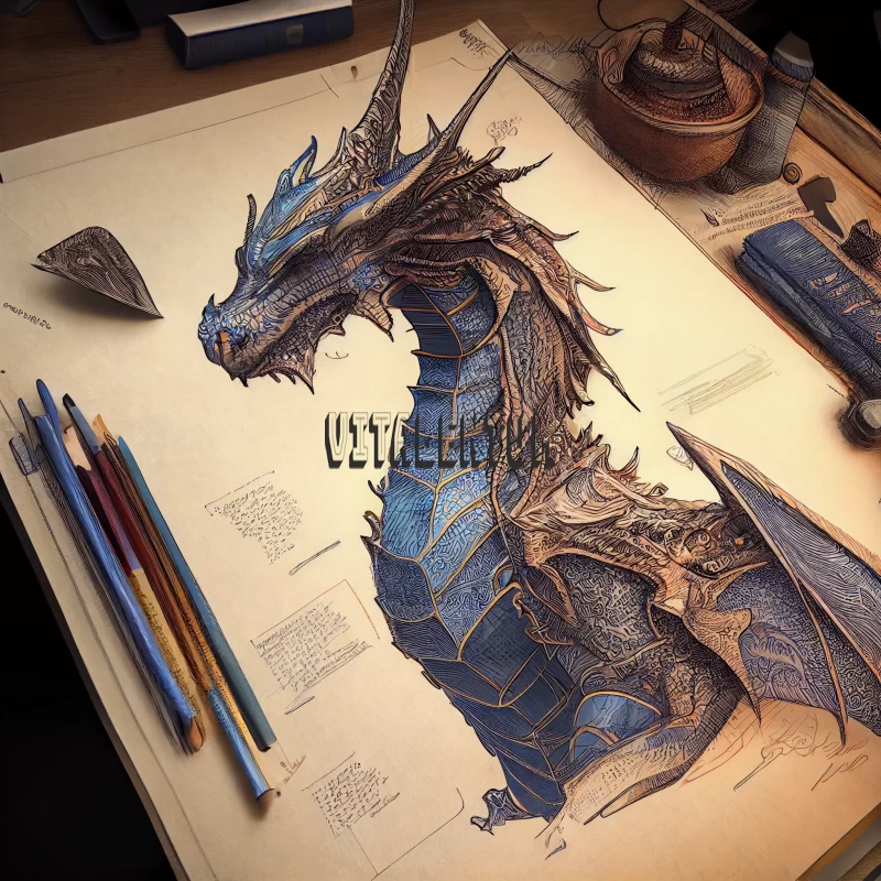 A Portrait Pencil Drawing of a Majestic Blue-Shaded Warrior Dragon AI Image