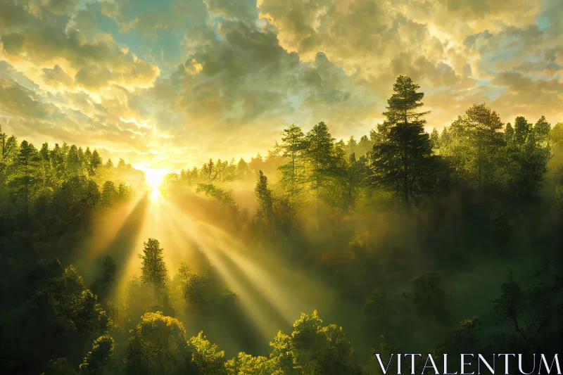 Nature's Canvas Unveiled: A Breathtaking Sunrise Paints the Green Forest AI Image
