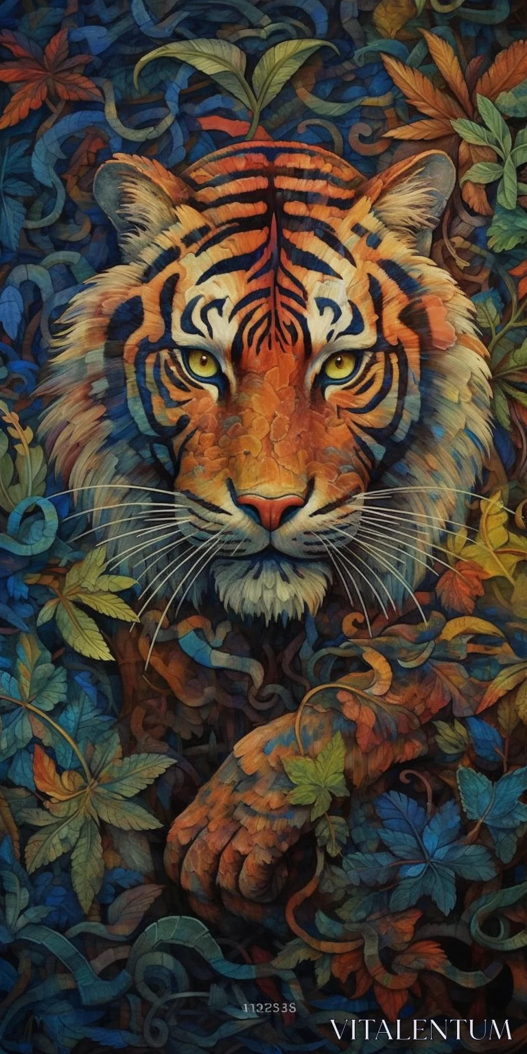 PROMPT Surreal AI Visions: The Majestic Tiger Amid Thorn Bushes in Striking Orange and Blue